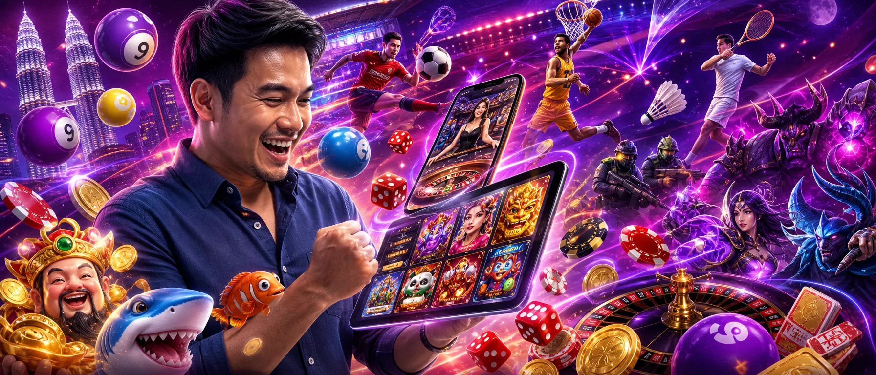Ready to Start Betting? Dior88 is Where the Action Is. Football, basketball, tennis, badminton, or your fav… – neon arcade purple illustration
